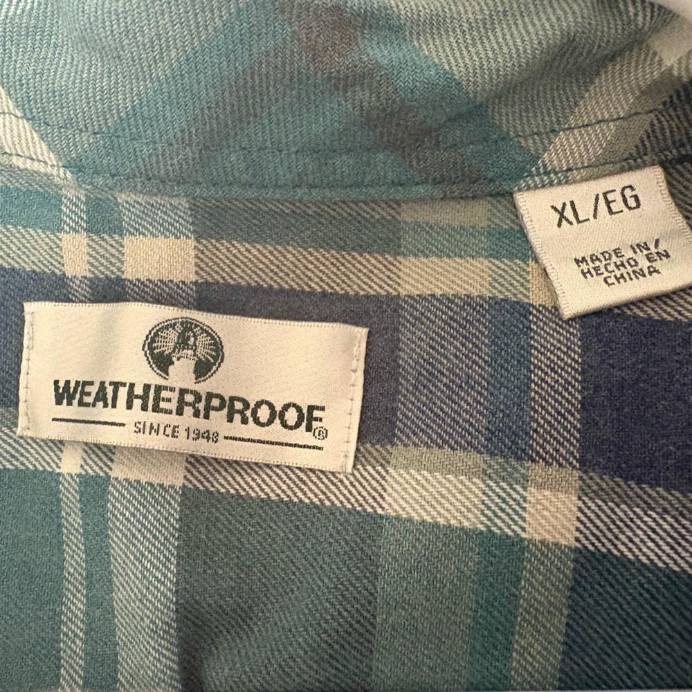 Men’s Blue/Green/Gray Plaid WEATHERPROOF Button-Up Flannet Shirt, XL - Picture 2 of 3